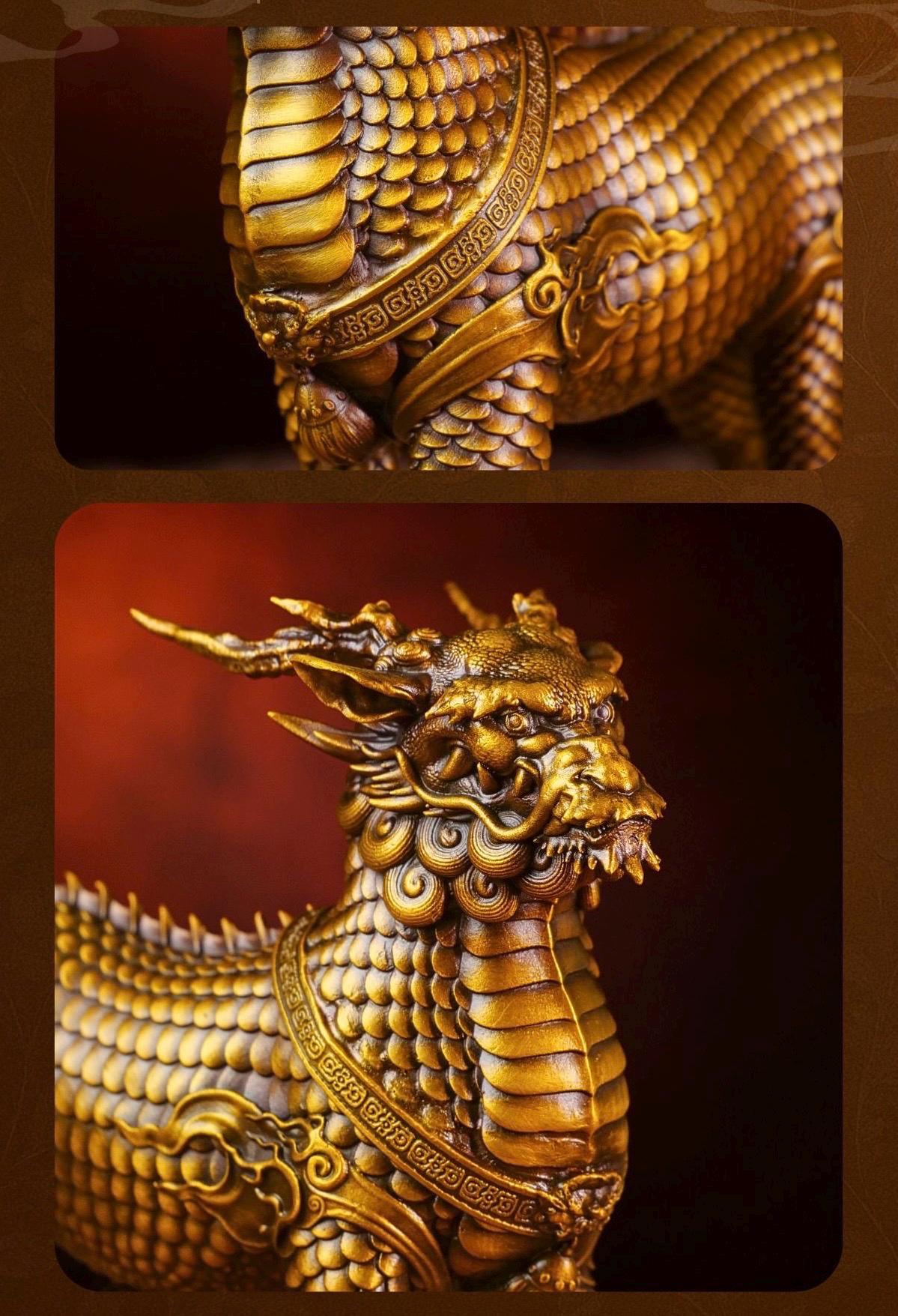 Brass Kylin Statue, Handcrafted Chinese Qilin Sculpture, Feng Shui Mythical Beast Figurine, Office Desk Decor Housewarming Business Gift