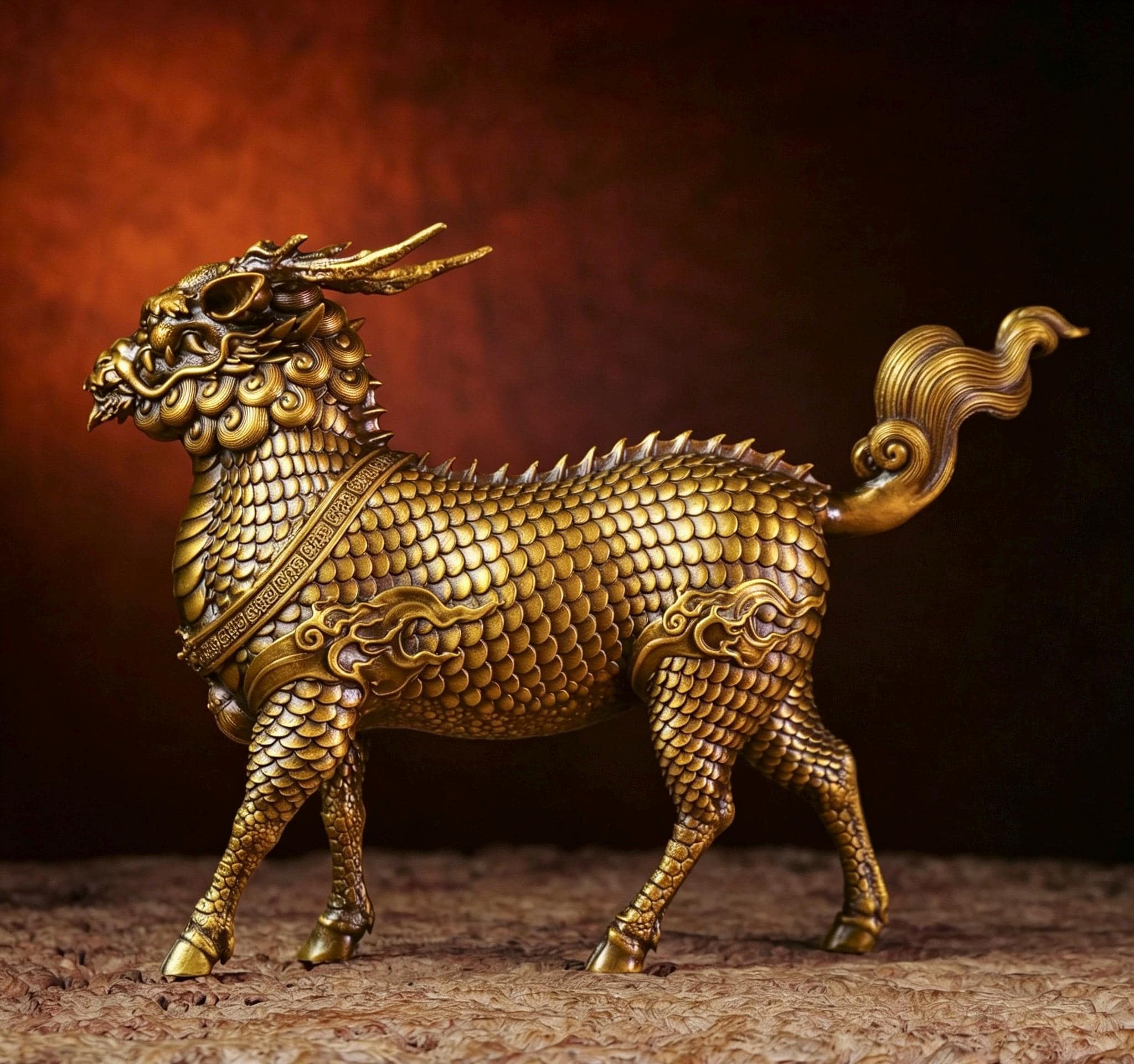 Brass Kylin Statue, Handcrafted Chinese Qilin Sculpture, Feng Shui Mythical Beast Figurine, Office Desk Decor Housewarming Business Gift