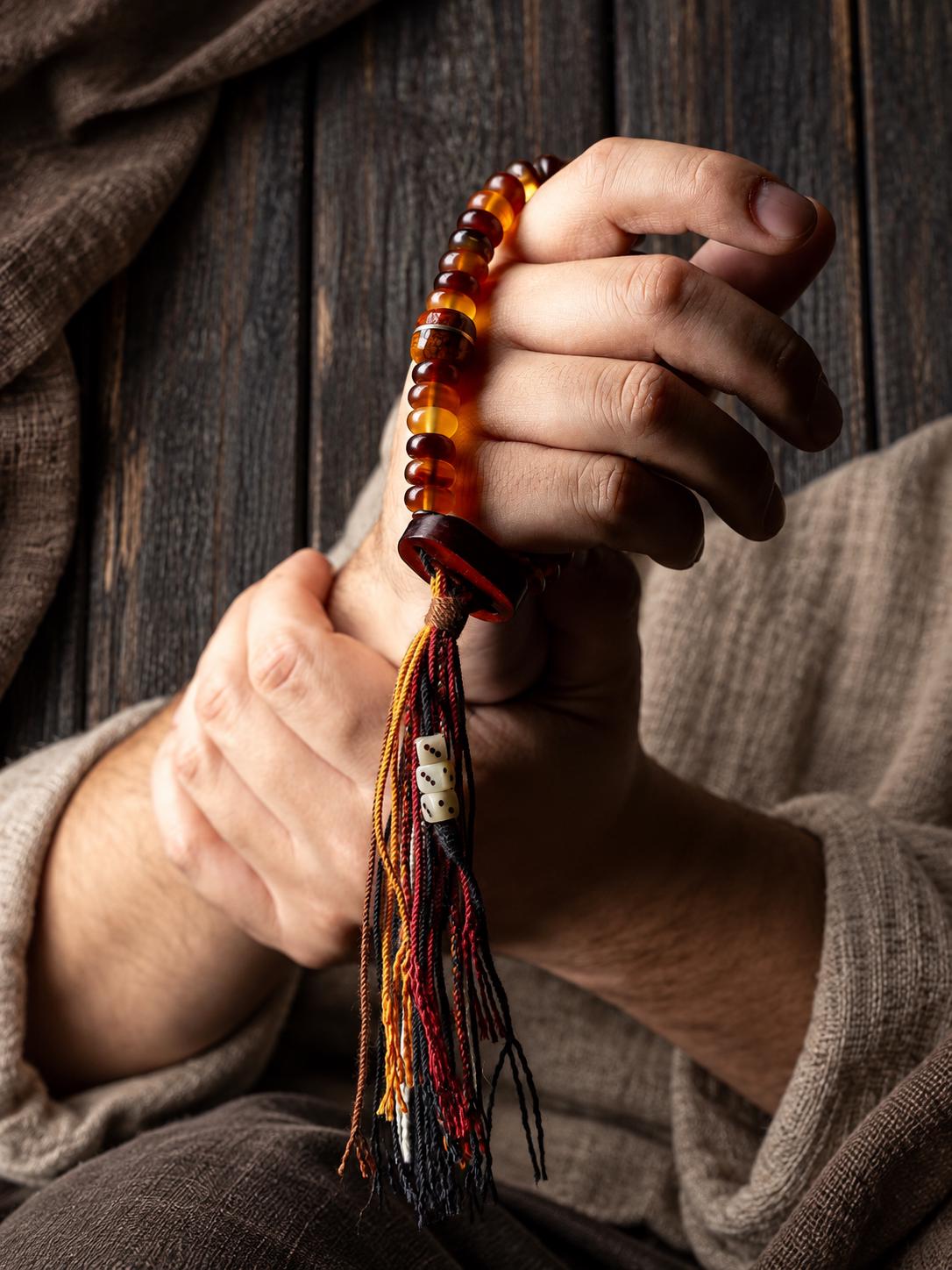 EverestArtStudios Amber-Toned Sheep Horn Bracelet, Tibetan Style with Yak Bone and Sandalwood Accents, Tassel or Guru Bead
