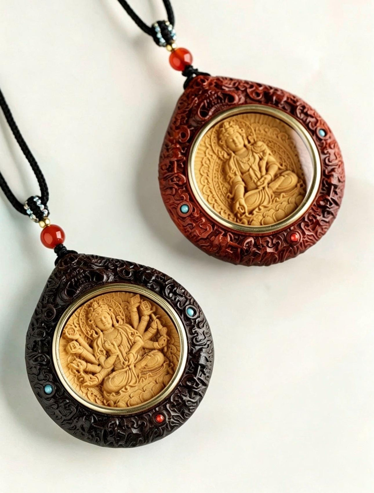 Rosewood Bodhisattva Pendant Necklace, Inlaid Boxwood Guardian Amulet, Red Agate Chinese Zodiac Protection Mascot, Spiritual Gift