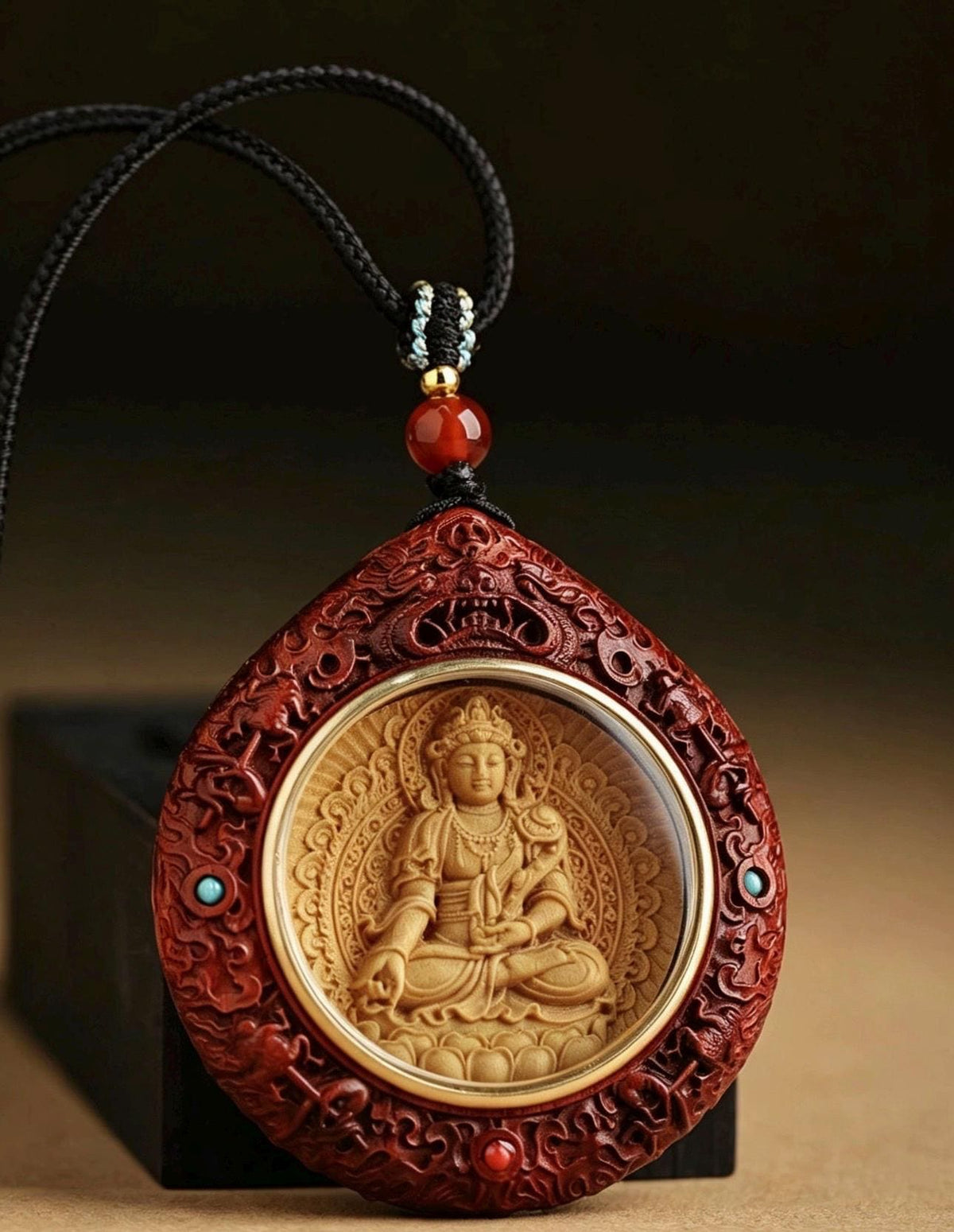 Rosewood Bodhisattva Pendant Necklace, Inlaid Boxwood Guardian Amulet, Red Agate Chinese Zodiac Protection Mascot, Spiritual Gift