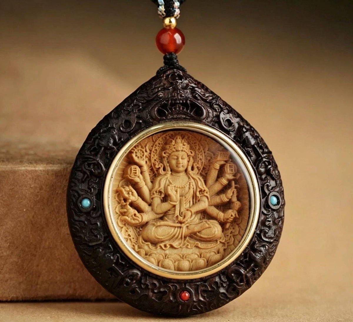 Rosewood Bodhisattva Pendant Necklace, Inlaid Boxwood Guardian Amulet, Red Agate Chinese Zodiac Protection Mascot, Spiritual Gift