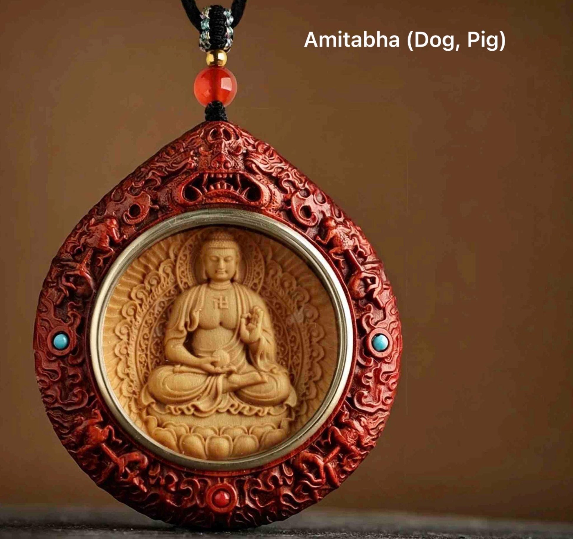 Rosewood Bodhisattva Pendant Necklace, Inlaid Boxwood Guardian Amulet, Red Agate Chinese Zodiac Protection Mascot, Spiritual Gift