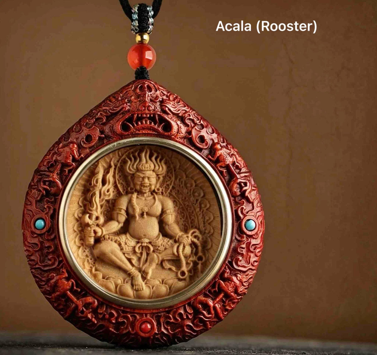 Rosewood Bodhisattva Pendant Necklace, Inlaid Boxwood Guardian Amulet, Red Agate Chinese Zodiac Protection Mascot, Spiritual Gift