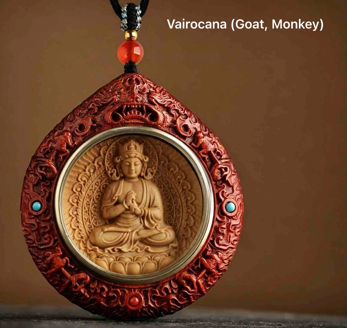 Rosewood Bodhisattva Pendant Necklace, Inlaid Boxwood Guardian Amulet, Red Agate Chinese Zodiac Protection Mascot, Spiritual Gift