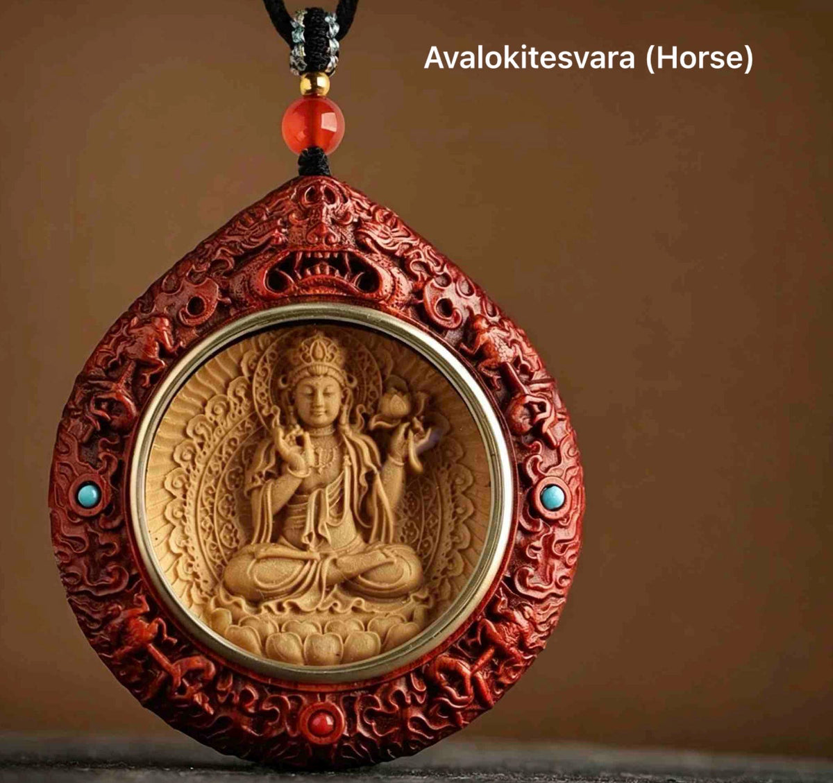 Rosewood Bodhisattva Pendant Necklace, Inlaid Boxwood Guardian Amulet, Red Agate Chinese Zodiac Protection Mascot, Spiritual Gift