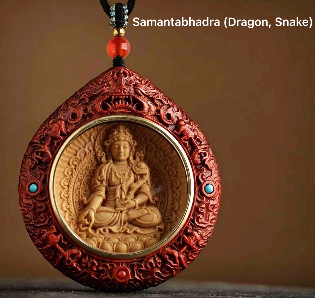 Rosewood Bodhisattva Pendant Necklace, Inlaid Boxwood Guardian Amulet, Red Agate Chinese Zodiac Protection Mascot, Spiritual Gift