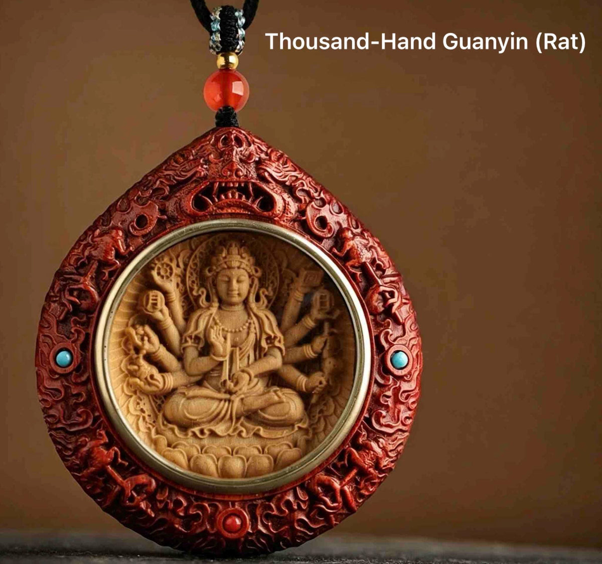 Rosewood Bodhisattva Pendant Necklace, Inlaid Boxwood Guardian Amulet, Red Agate Chinese Zodiac Protection Mascot, Spiritual Gift