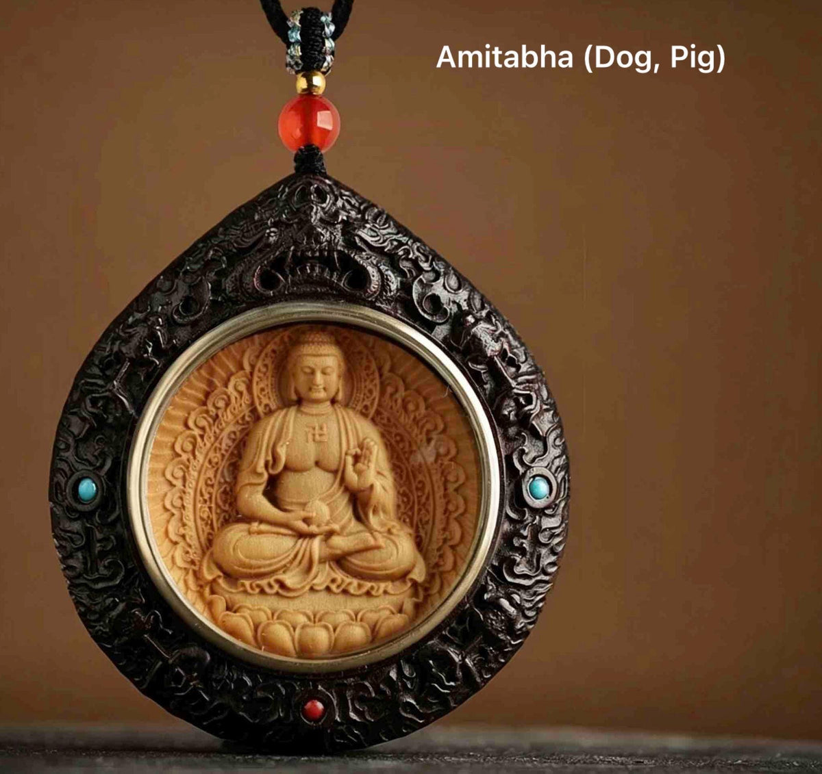 Rosewood Bodhisattva Pendant Necklace, Inlaid Boxwood Guardian Amulet, Red Agate Chinese Zodiac Protection Mascot, Spiritual Gift