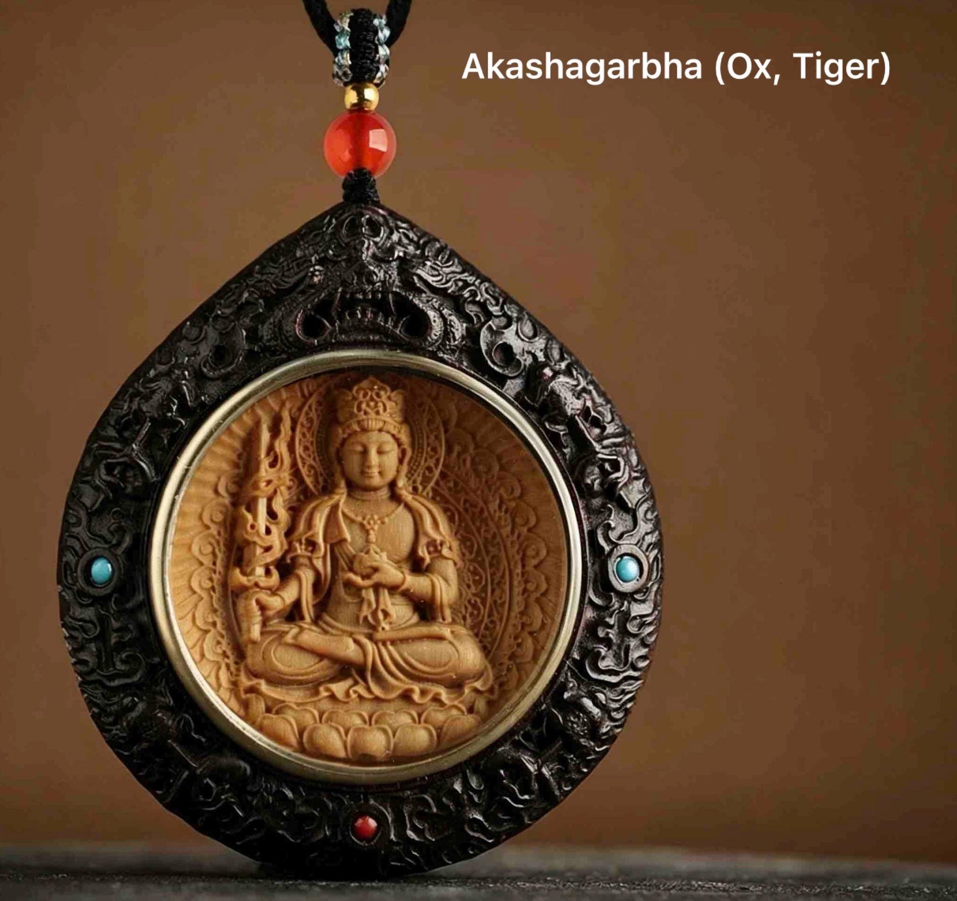 Rosewood Bodhisattva Pendant Necklace, Inlaid Boxwood Guardian Amulet, Red Agate Chinese Zodiac Protection Mascot, Spiritual Gift