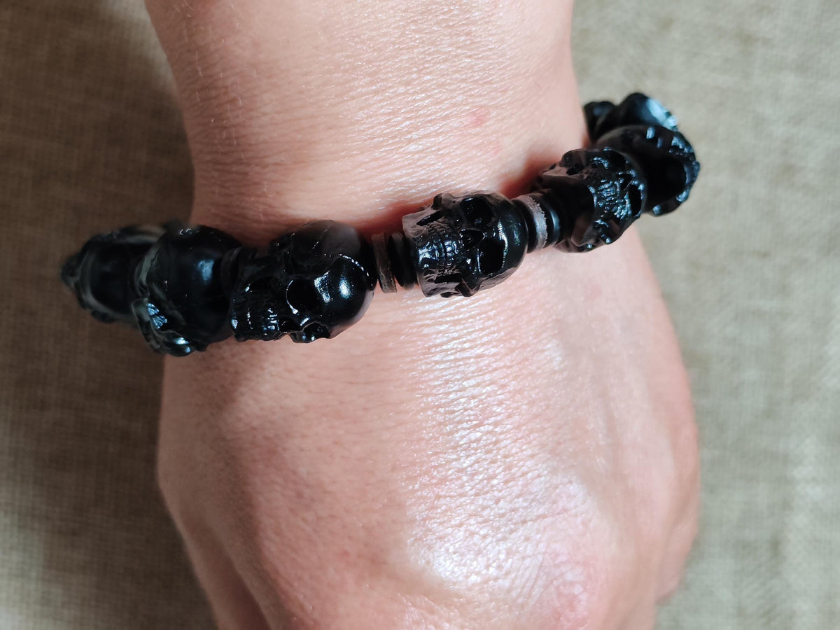 EverestArtStudios Tibetan Skull Bracelet – Hand-Carved Black Ox Horn & White Antler