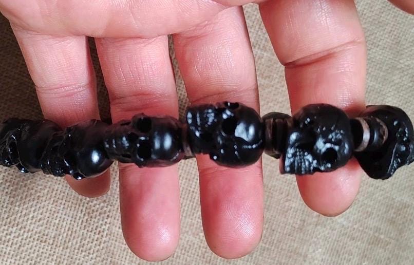 EverestArtStudios Tibetan Skull Bracelet – Hand-Carved Black Ox Horn & White Antler