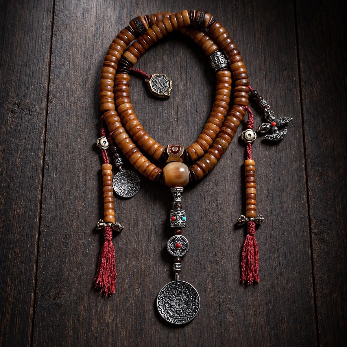 EverestArtStudios 108-Bead Yak Bone Mala Necklace, 12mm Tibetan-Style Prayer Beads, Counters and Pendants