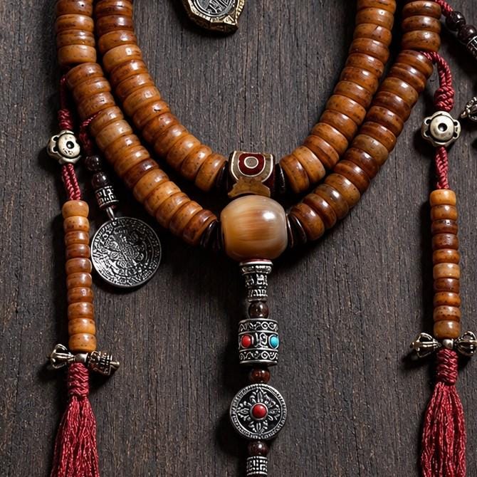 EverestArtStudios 108-Bead Yak Bone Mala Necklace, 12mm Tibetan-Style Prayer Beads, Counters and Pendants