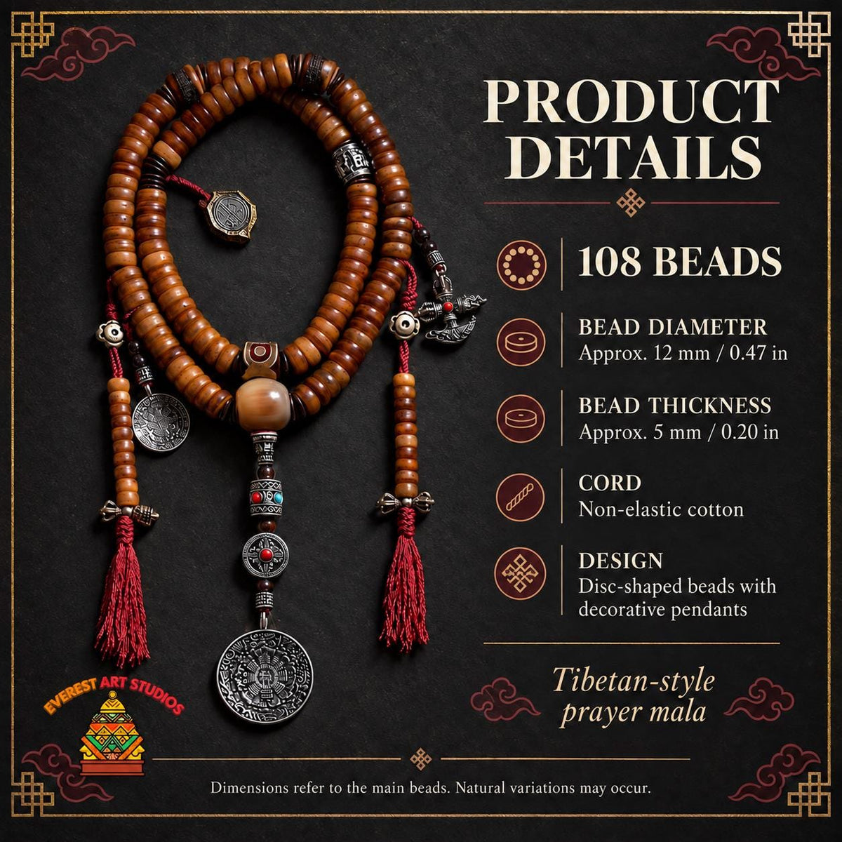 EverestArtStudios 108-Bead Yak Bone Mala Necklace, 12mm Tibetan-Style Prayer Beads, Counters and Pendants