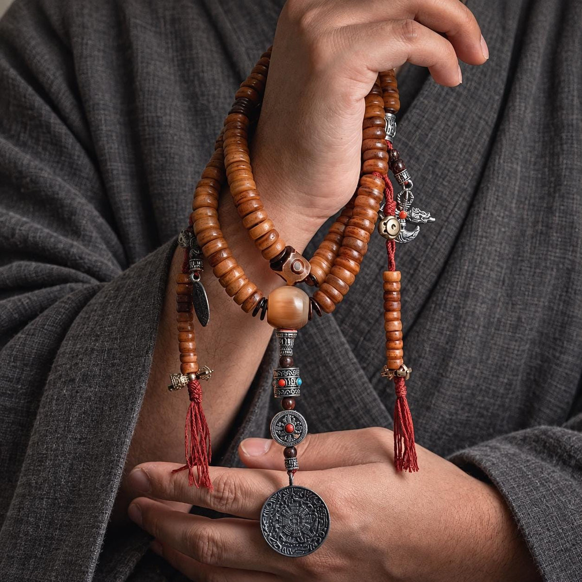 EverestArtStudios 108-Bead Yak Bone Mala Necklace, 12mm Tibetan-Style Prayer Beads, Counters and Pendants