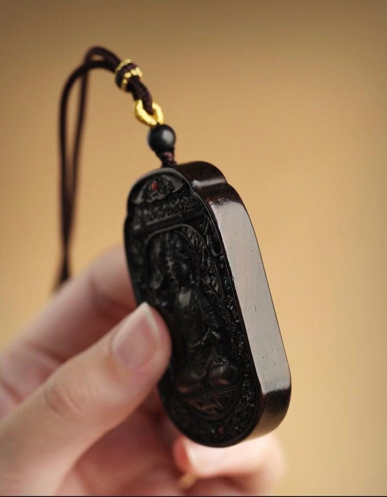 Ebony Wood Bodhisattva Pendant Necklace, Carved Ebony Amulet, Red Agate Chinese Zodiac Guardian Pendant, Spiritual Gift