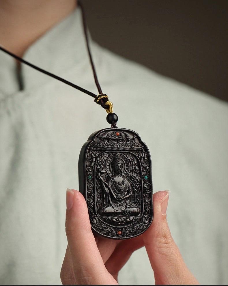 Ebony Wood Bodhisattva Pendant Necklace, Carved Ebony Amulet, Red Agate Chinese Zodiac Guardian Pendant, Spiritual Gift