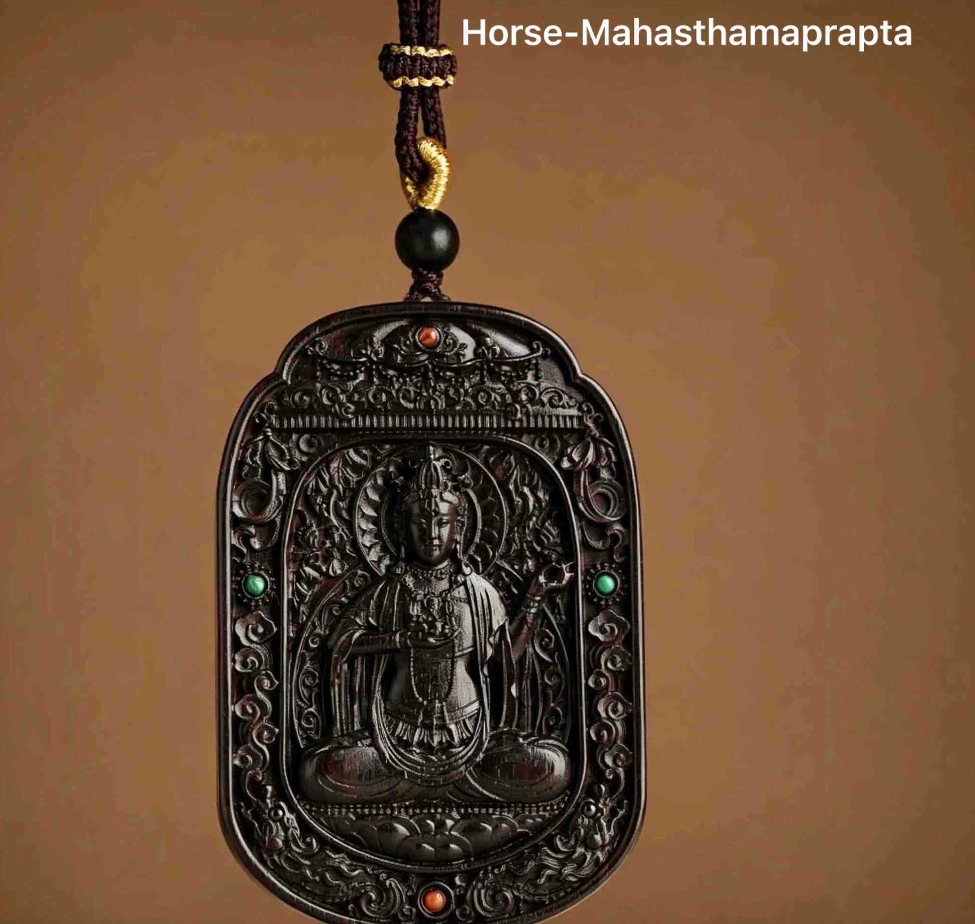 Ebony Wood Bodhisattva Pendant Necklace, Carved Ebony Amulet, Red Agate Chinese Zodiac Guardian Pendant, Spiritual Gift