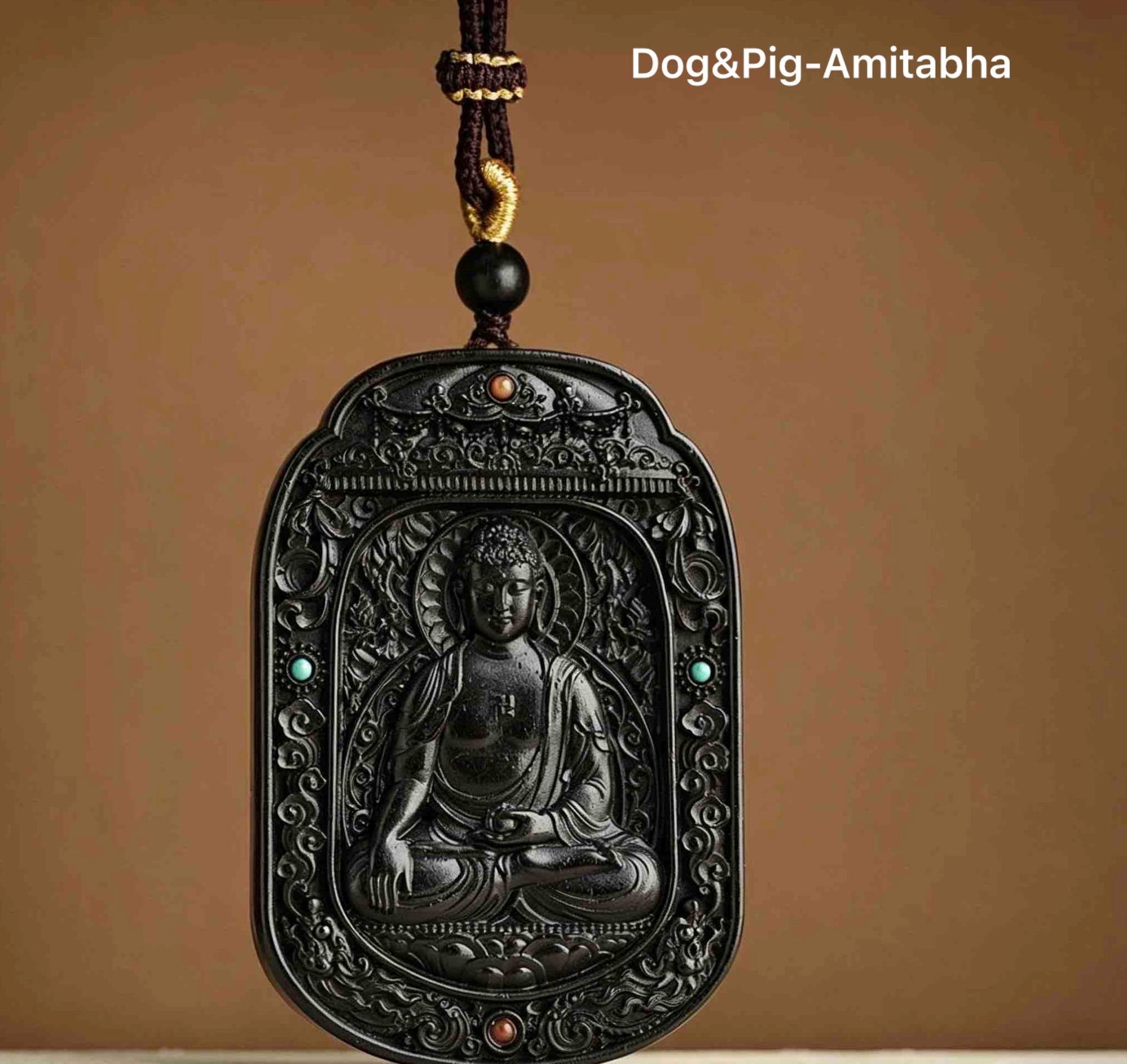 Ebony Wood Bodhisattva Pendant Necklace, Carved Ebony Amulet, Red Agate Chinese Zodiac Guardian Pendant, Spiritual Gift
