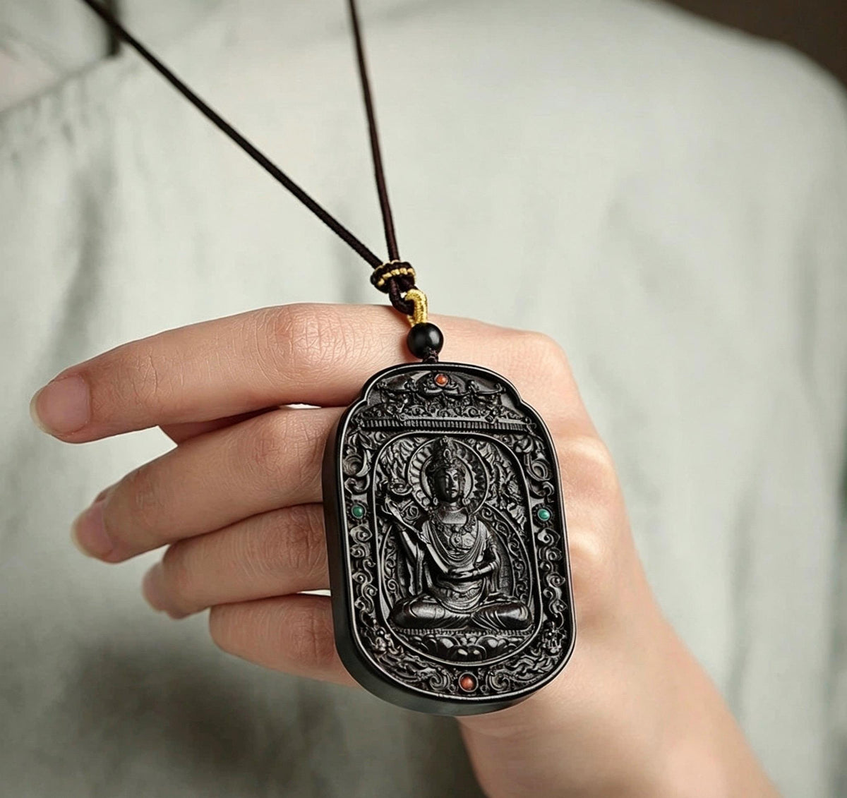 Ebony Wood Bodhisattva Pendant Necklace, Carved Ebony Amulet, Red Agate Chinese Zodiac Guardian Pendant, Spiritual Gift
