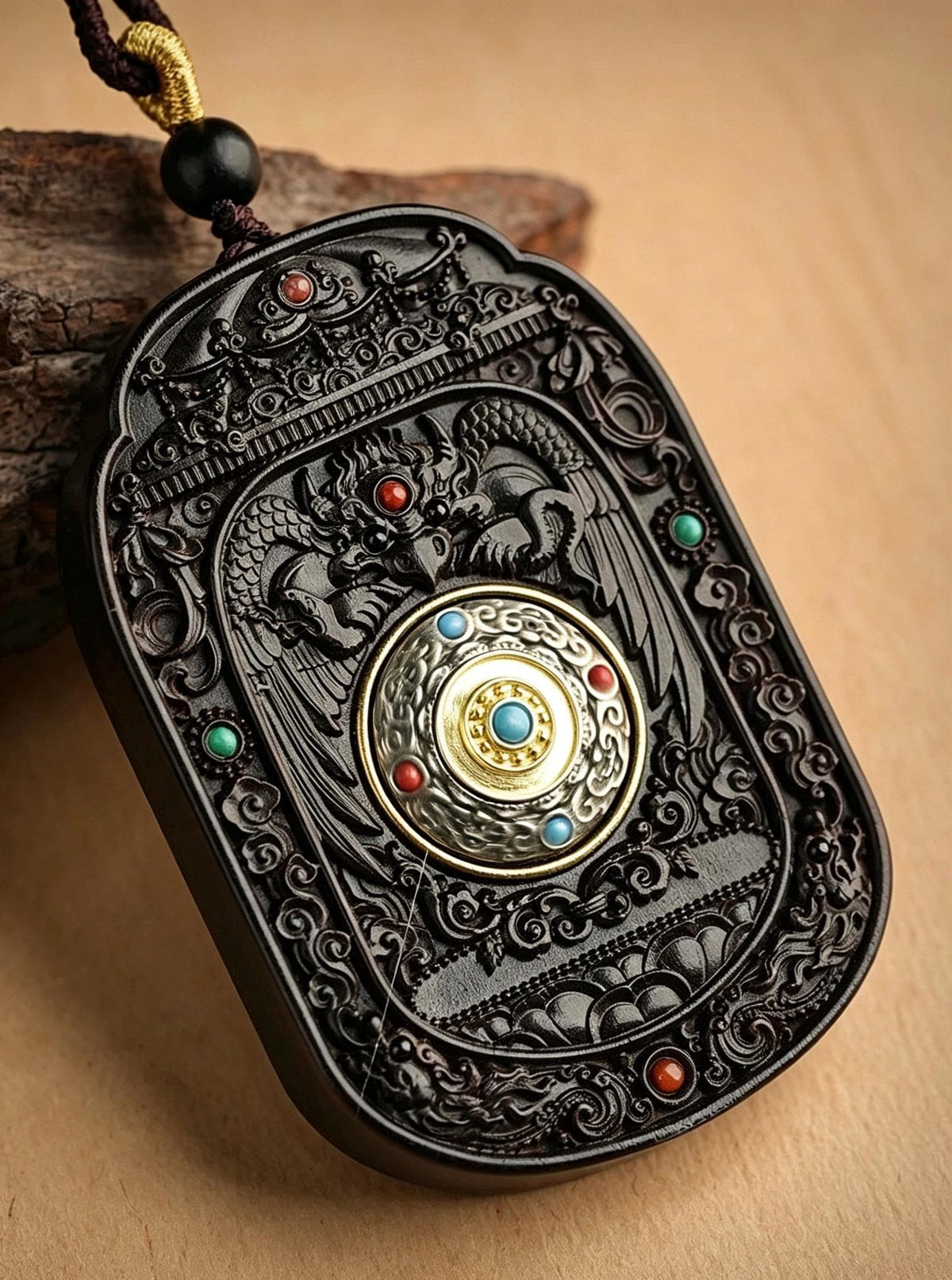 Ebony Wood Bodhisattva Pendant Necklace, Carved Ebony Amulet, Red Agate Chinese Zodiac Guardian Pendant, Spiritual Gift