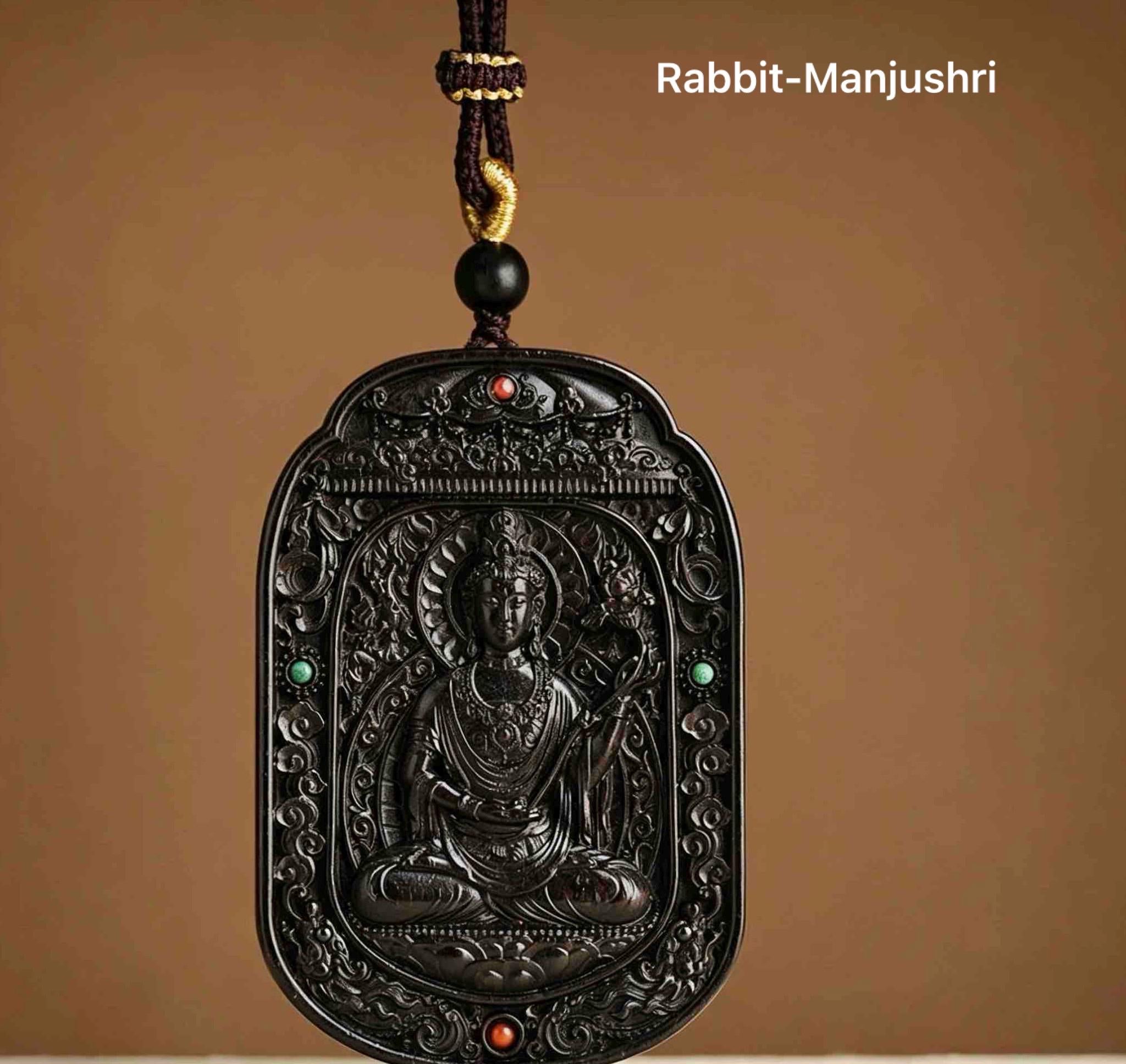 Ebony Wood Bodhisattva Pendant Necklace, Carved Ebony Amulet, Red Agate Chinese Zodiac Guardian Pendant, Spiritual Gift