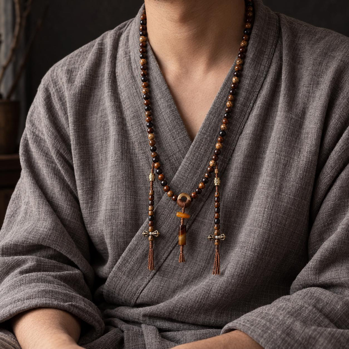 EverestArtStudios Star Moon Bodhi 108 Bead Mala, 7.5mm Prayer Beads with Agate, Amber and Counters