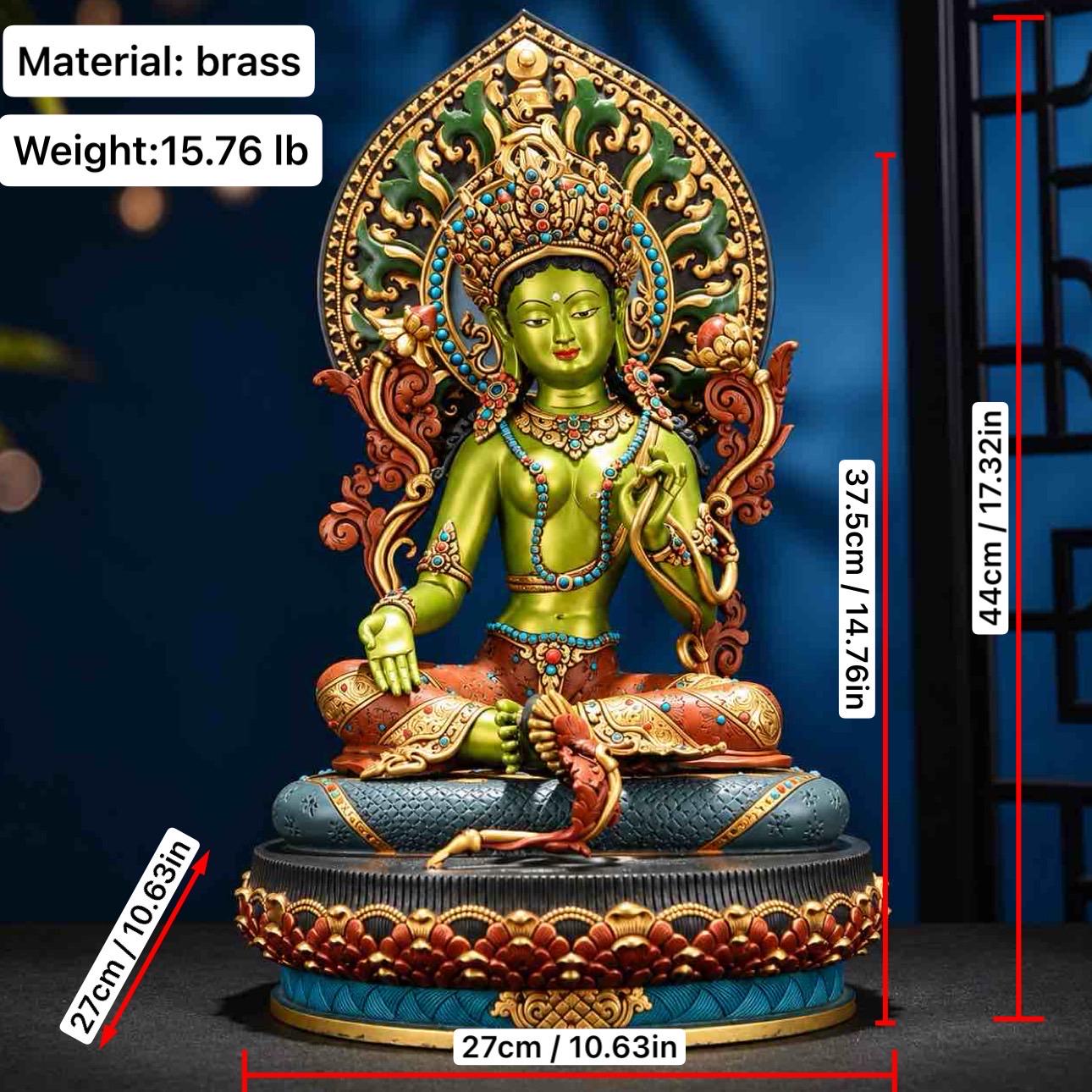 Handpainted Green Tara Copper Statue 17.3", Nepalese Brass Goddess Figurine, Tibetan Buddhist Altar Statue, Home Decor Gift