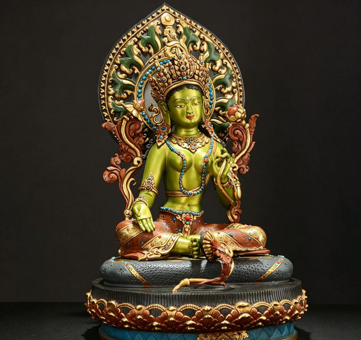 Handpainted Green Tara Copper Statue 17.3", Nepalese Brass Goddess Figurine, Tibetan Buddhist Altar Statue, Home Decor Gift