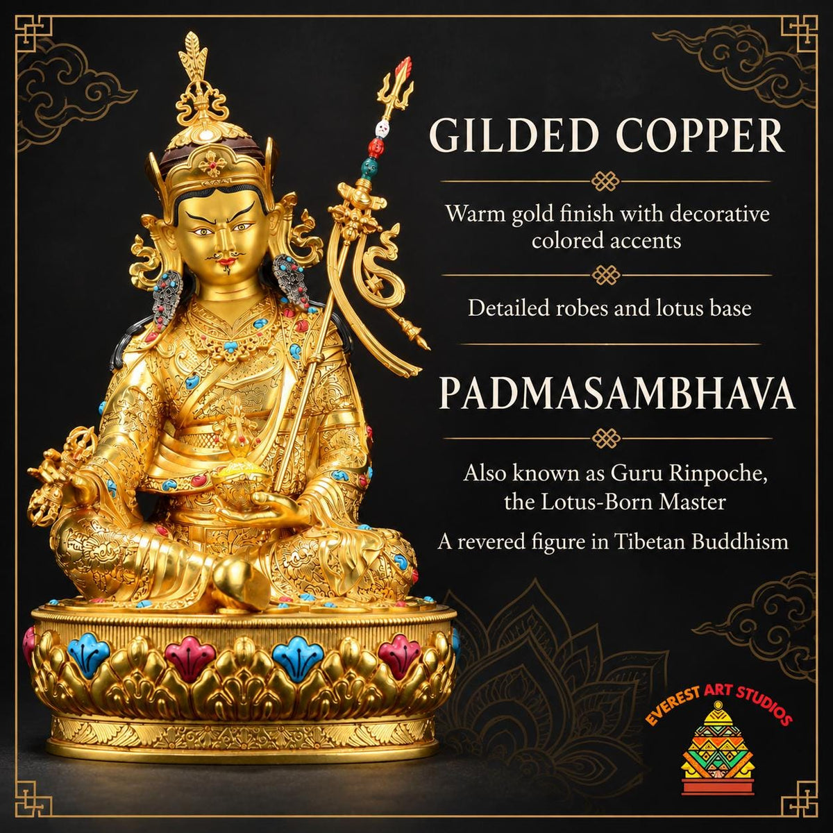EverestArtStudios Padmasambhava Gilded Copper Statue, Guru Rinpoche Buddhist Sculpture, Two Sizes