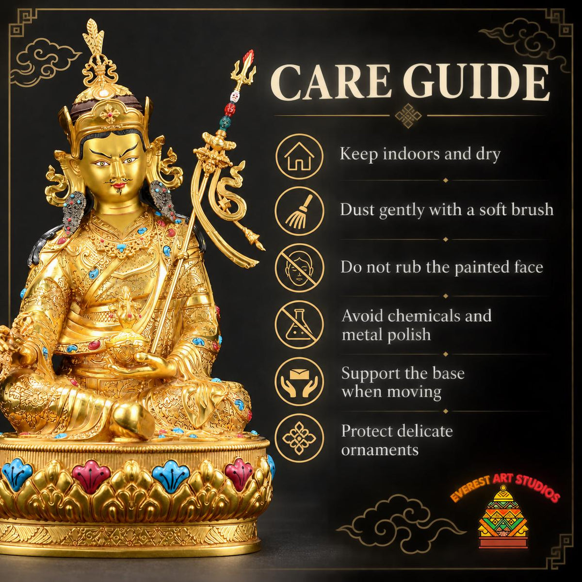 EverestArtStudios Padmasambhava Gilded Copper Statue, Guru Rinpoche Buddhist Sculpture, Two Sizes