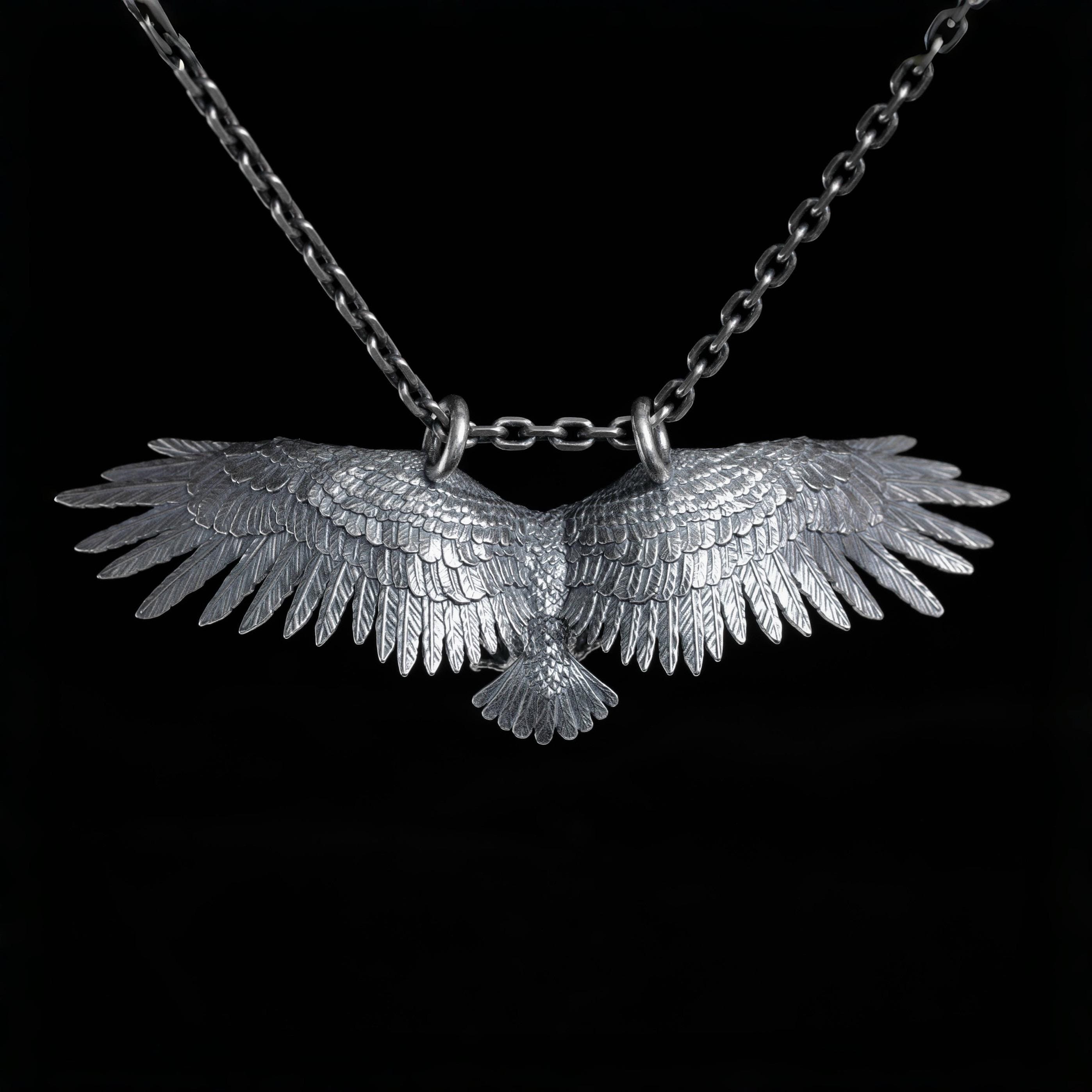 925 Sterling Silver Soaring Eagle Pendant Necklace, Vintage Flying Hawk Charm, Large Wingspan Eagle Jewelry, Biker Gift for Men
