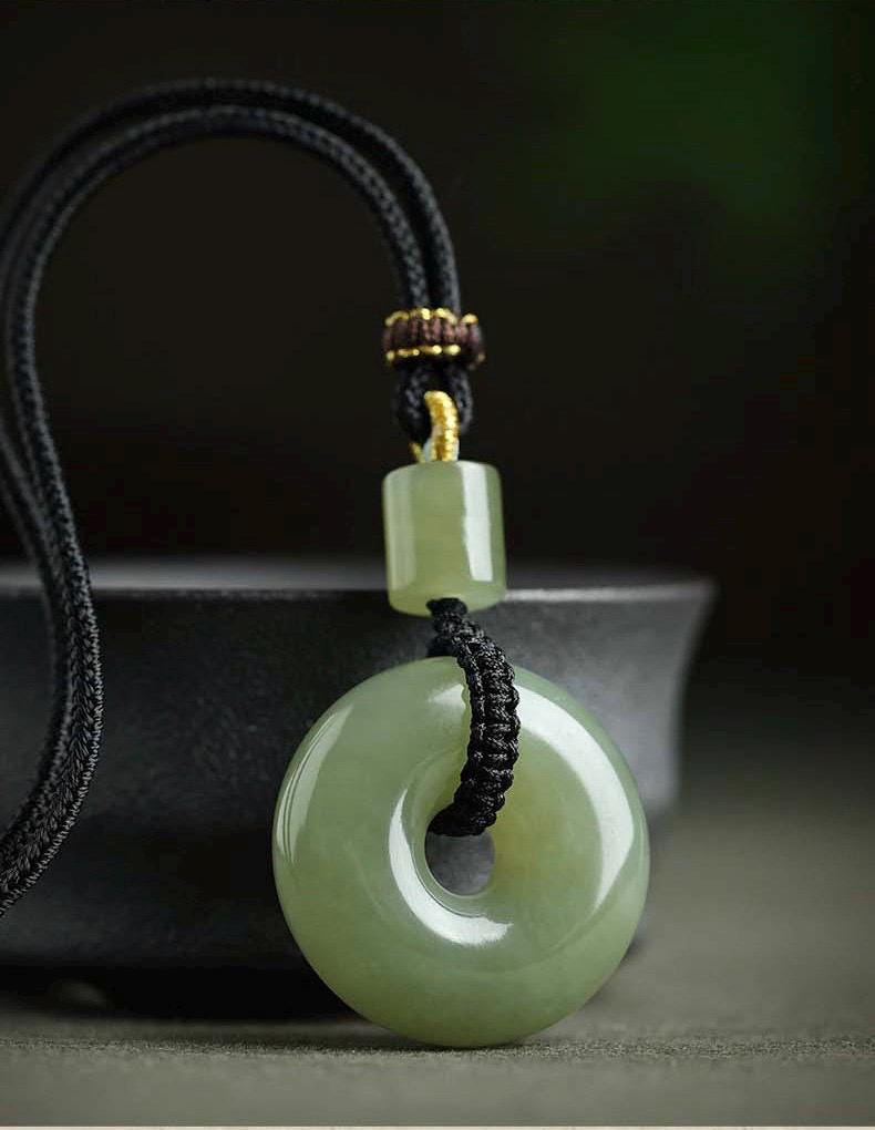 Natural Nephrite Jade Ping An Kou Pendant Necklace, Genuine Green Jade Safety Disc Charm with Barrel Bead, Asian Art Jewelry Gift