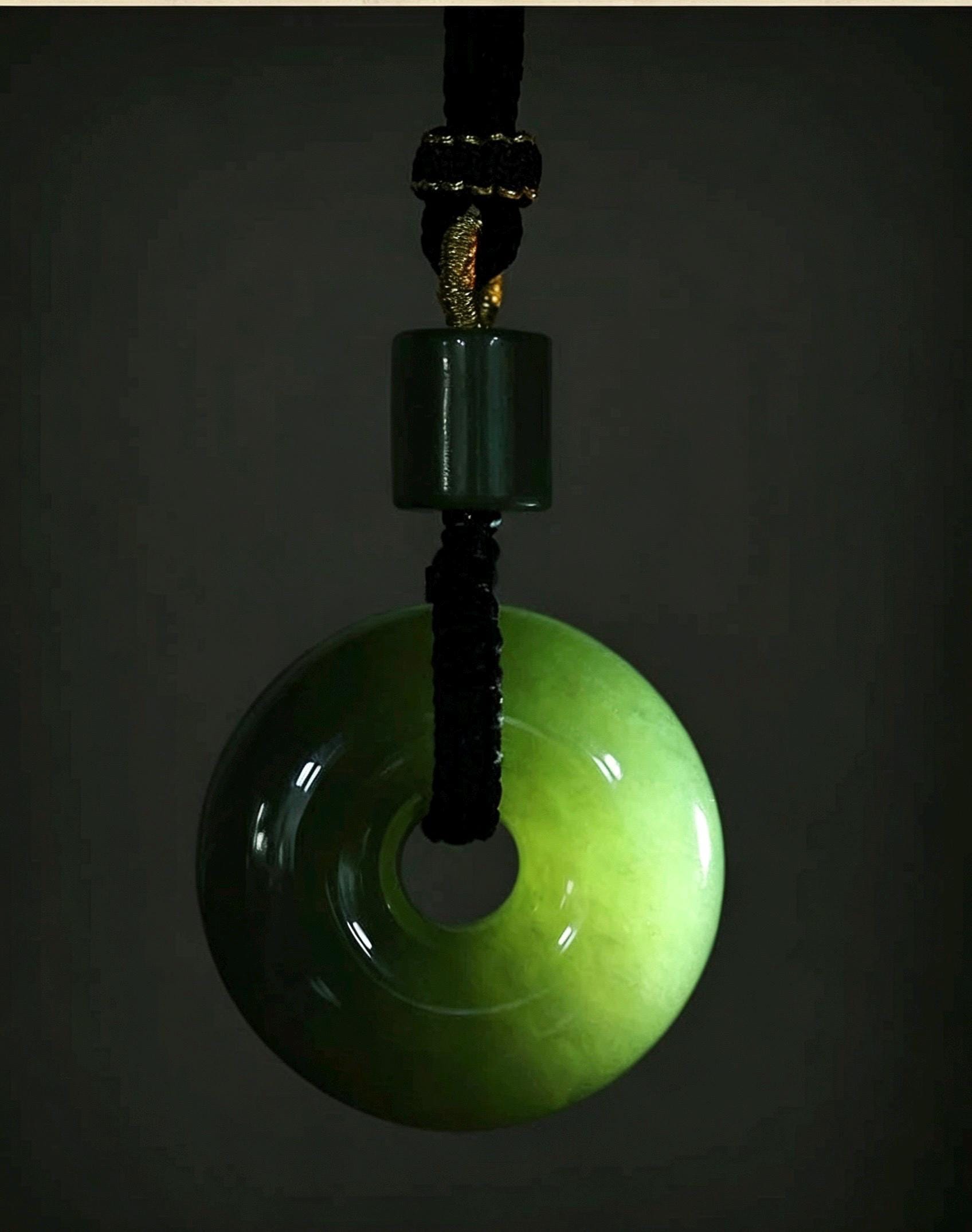 Natural Nephrite Jade Ping An Kou Pendant Necklace, Genuine Green Jade Safety Disc Charm with Barrel Bead, Asian Art Jewelry Gift