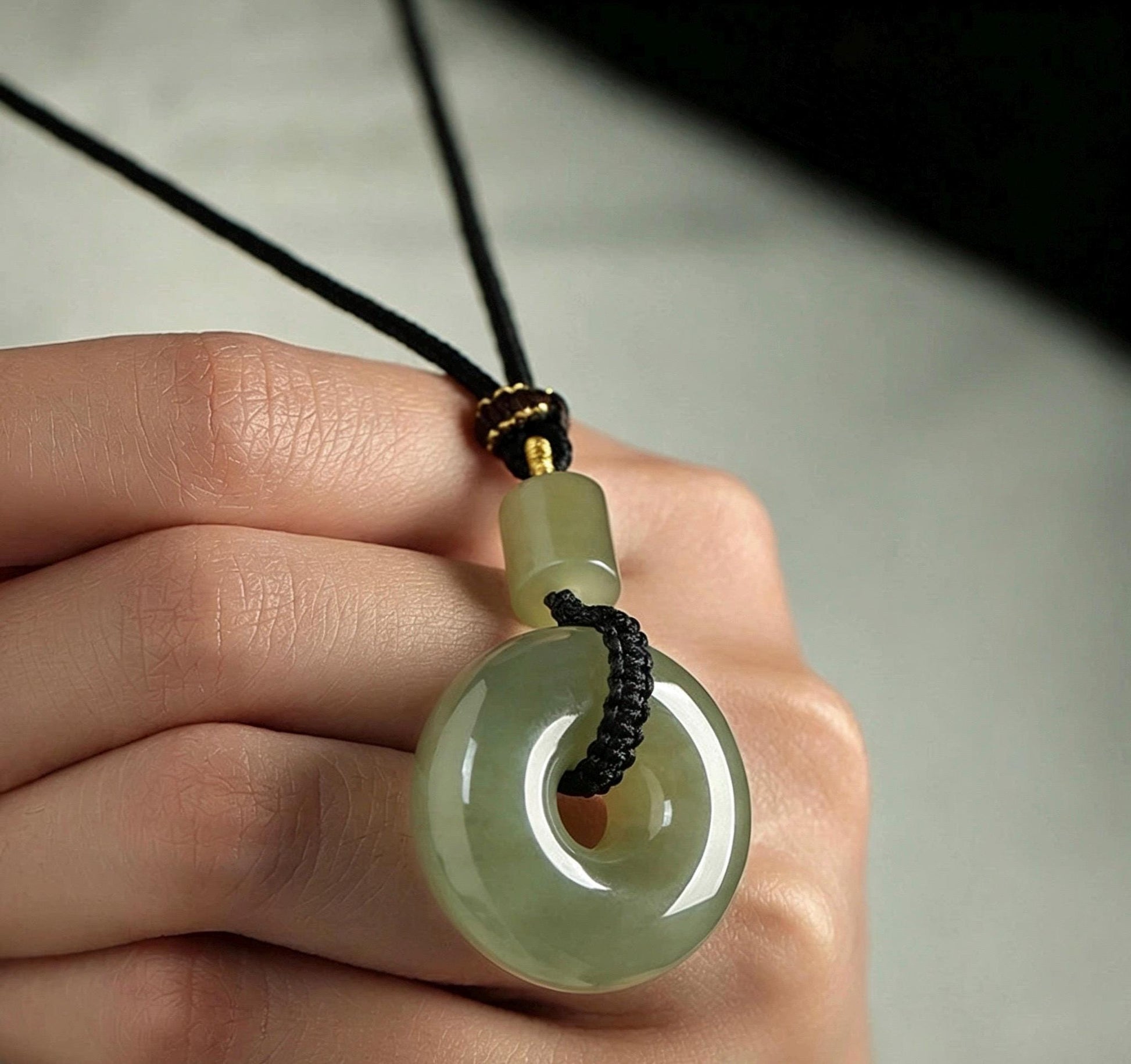 Natural Nephrite Jade Ping An Kou Pendant Necklace, Genuine Green Jade Safety Disc Charm with Barrel Bead, Asian Art Jewelry Gift