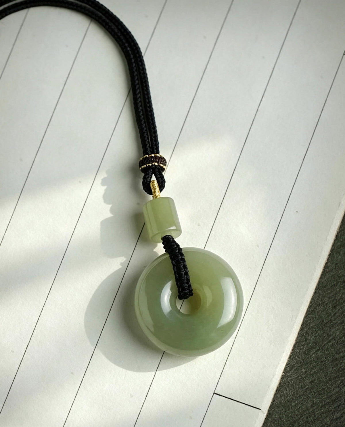 Natural Nephrite Jade Ping An Kou Pendant Necklace, Genuine Green Jade Safety Disc Charm with Barrel Bead, Asian Art Jewelry Gift