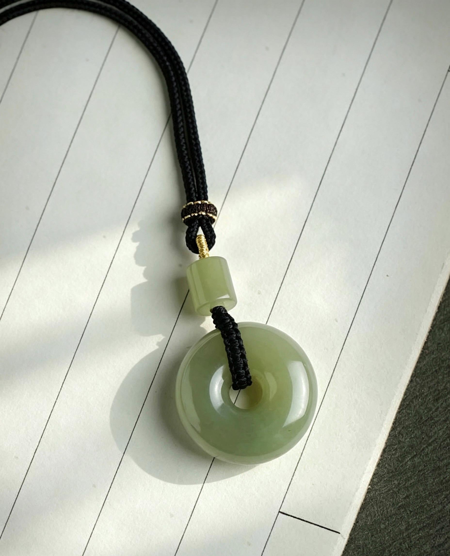 Natural Nephrite Jade Ping An Kou Pendant Necklace, Genuine Green Jade Safety Disc Charm with Barrel Bead, Asian Art Jewelry Gift