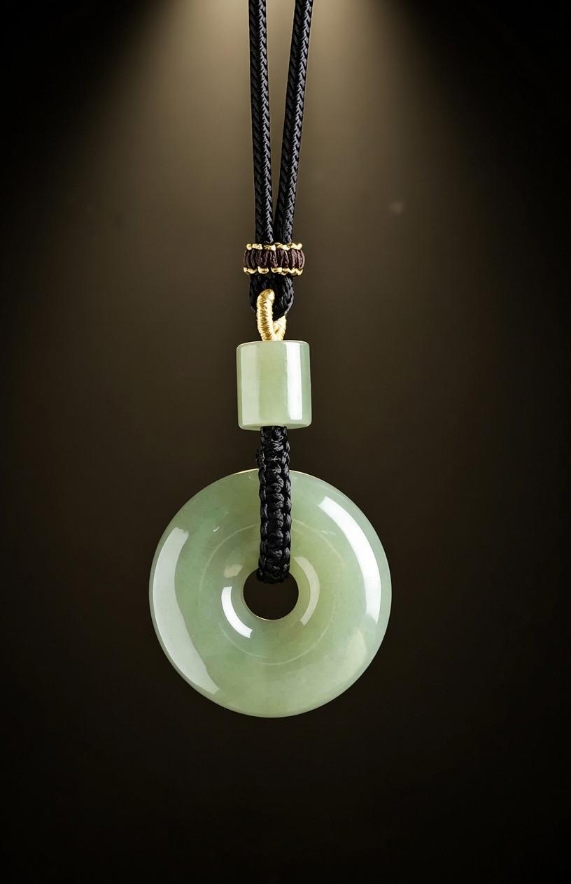 Natural Nephrite Jade Ping An Kou Pendant Necklace, Genuine Green Jade Safety Disc Charm with Barrel Bead, Asian Art Jewelry Gift