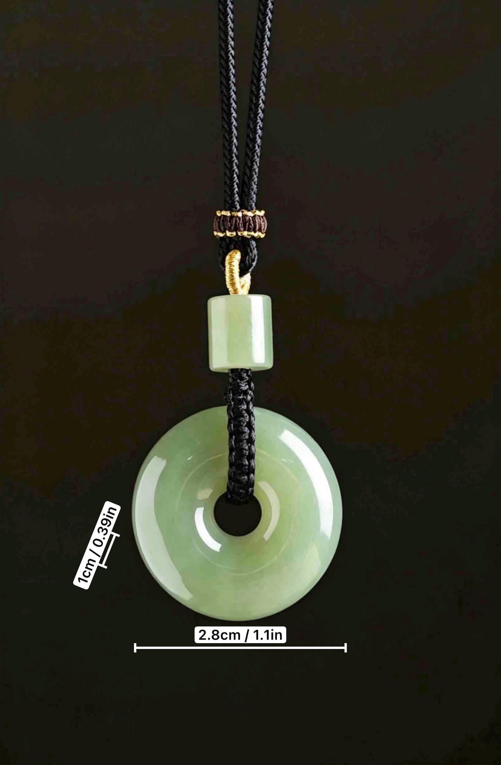 Natural Nephrite Jade Ping An Kou Pendant Necklace, Genuine Green Jade Safety Disc Charm with Barrel Bead, Asian Art Jewelry Gift
