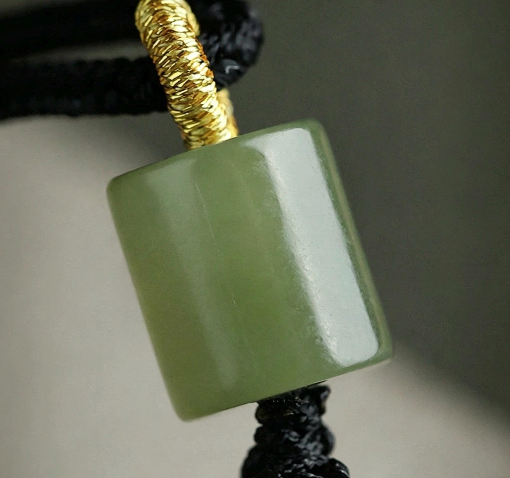 Natural Nephrite Jade Ping An Kou Pendant Necklace, Genuine Green Jade Safety Disc Charm with Barrel Bead, Asian Art Jewelry Gift