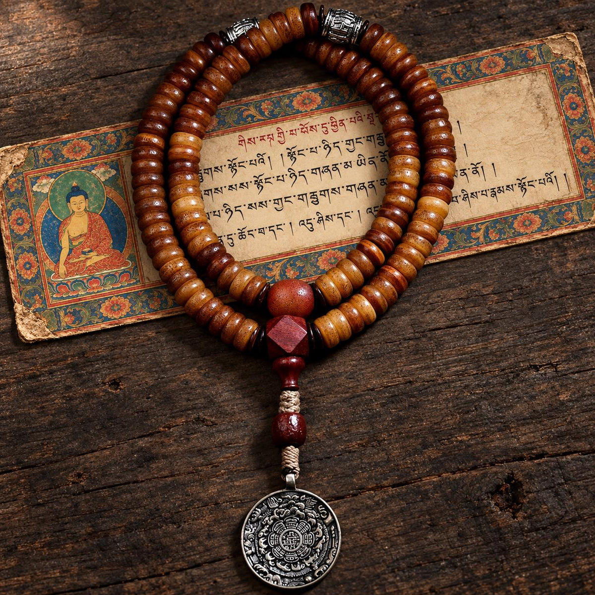 EverestArtStudios Yak Bone 108 Bead Mala, 12mm Prayer Beads, Nine Palace Pendant, Counter Beads or Pixiu Tassel