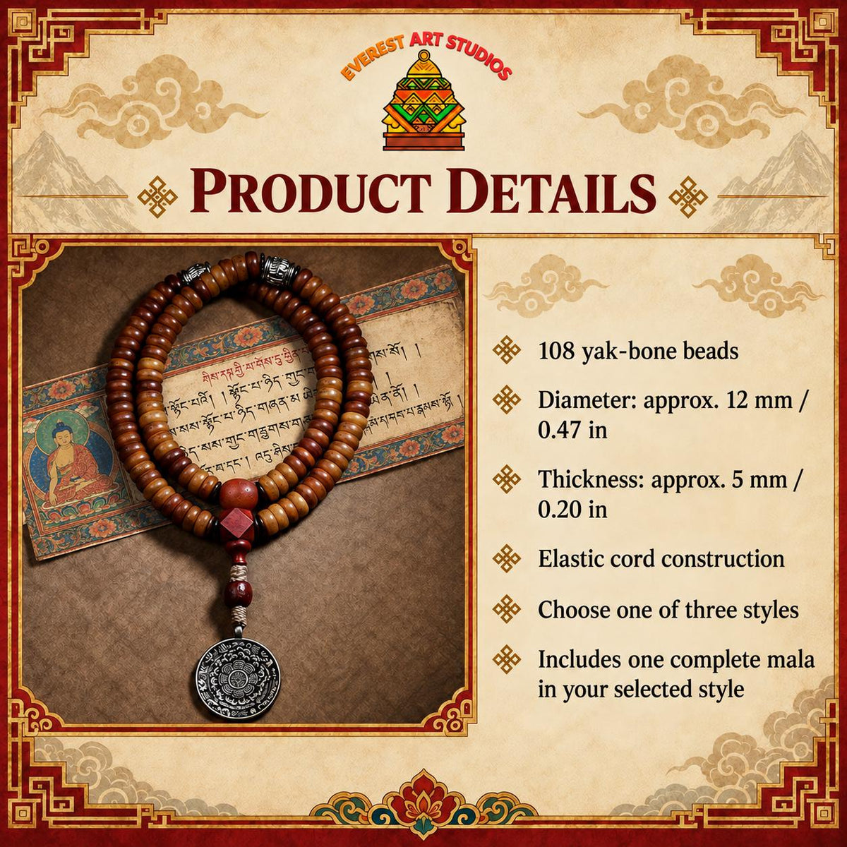 EverestArtStudios Yak Bone 108 Bead Mala, 12mm Prayer Beads, Nine Palace Pendant, Counter Beads or Pixiu Tassel