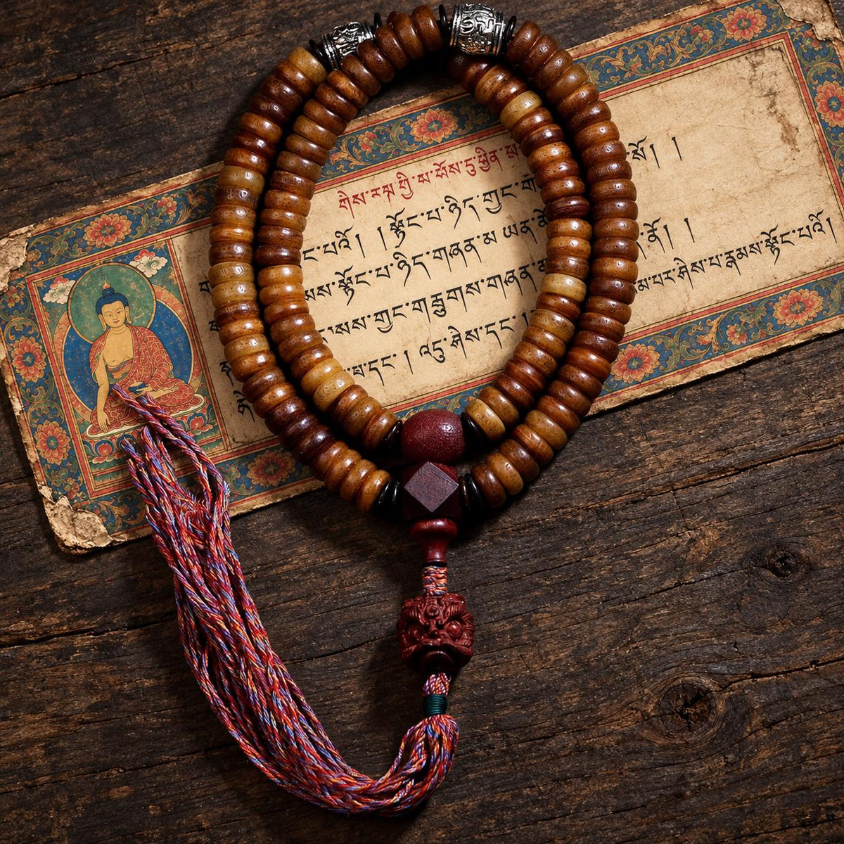 EverestArtStudios Yak Bone 108 Bead Mala, 12mm Prayer Beads, Nine Palace Pendant, Counter Beads or Pixiu Tassel