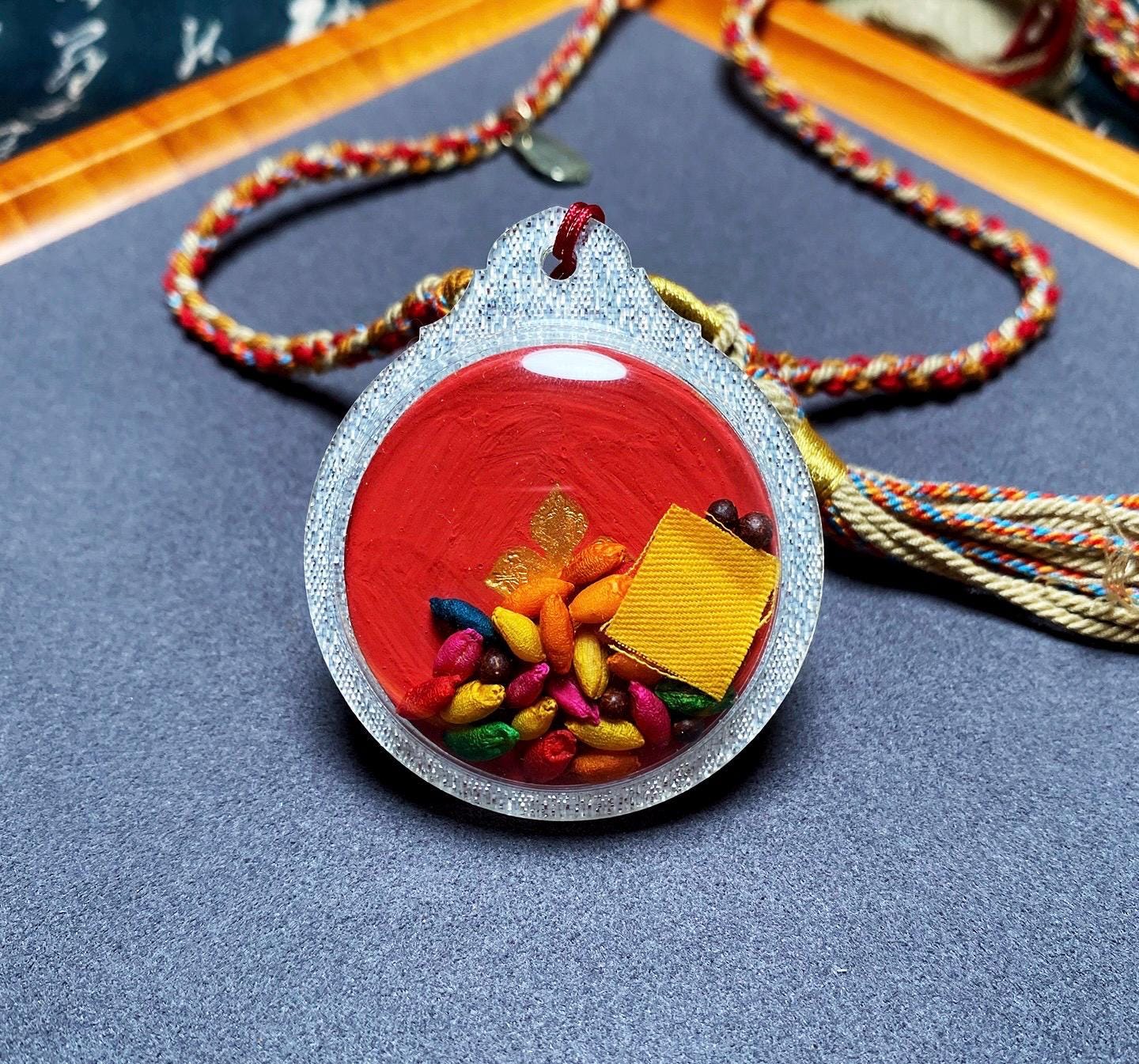 Handpainted Green Tara Mandala Gau Box Pendant, Tibetan Tsa Tsa Amulet Necklace, Sacred Buddhist Shrine Pendant