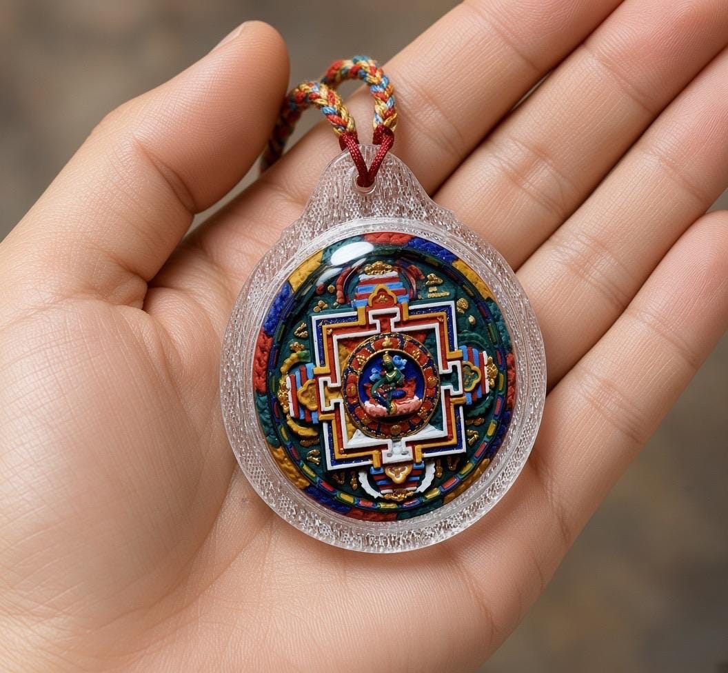 Handpainted Green Tara Mandala Gau Box Pendant, Tibetan Tsa Tsa Amulet Necklace, Sacred Buddhist Shrine Pendant