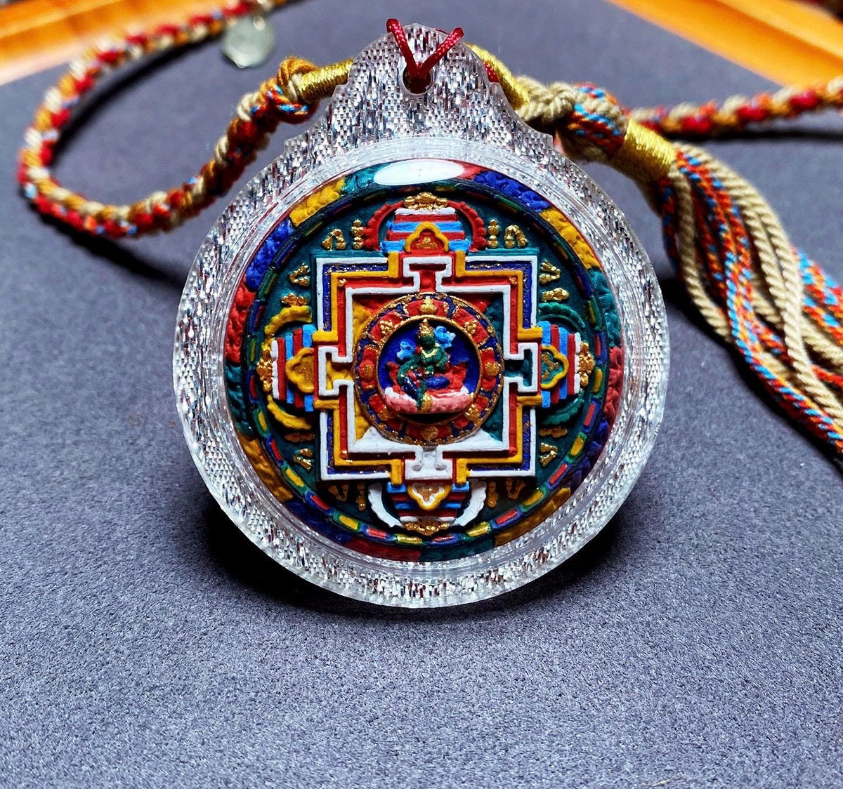 Handpainted Green Tara Mandala Gau Box Pendant, Tibetan Tsa Tsa Amulet Necklace, Sacred Buddhist Shrine Pendant