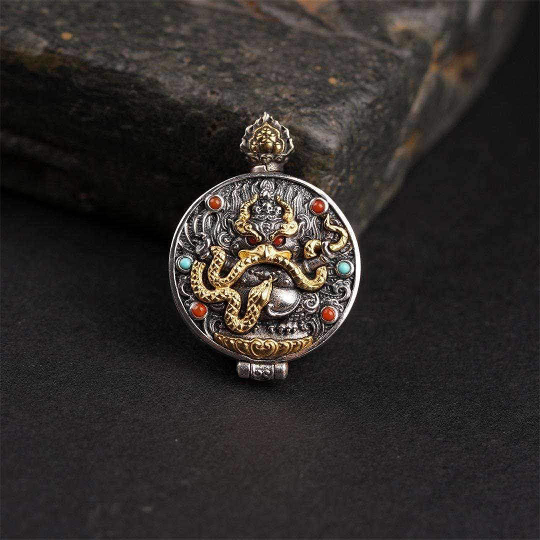 Handcrafted S925 Silver Brass Garuda Gau Box Pendant Openable Locket Turquoise Agate Tibetan Necklace Charm Gift for Him Her