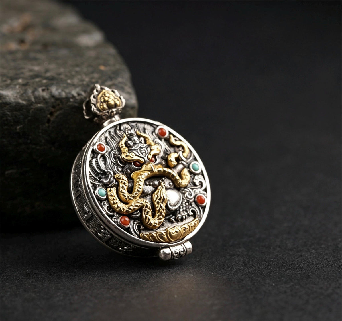 Handcrafted S925 Silver Brass Garuda Gau Box Pendant Openable Locket Turquoise Agate Tibetan Necklace Charm Gift for Him Her