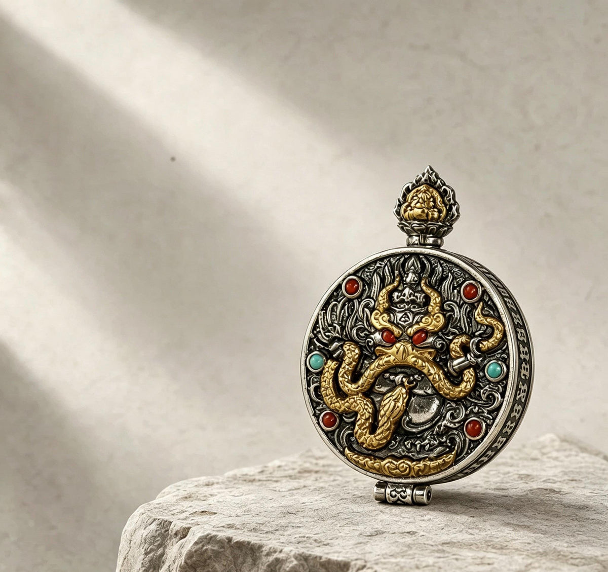 Handcrafted S925 Silver Brass Garuda Gau Box Pendant Openable Locket Turquoise Agate Tibetan Necklace Charm Gift for Him Her